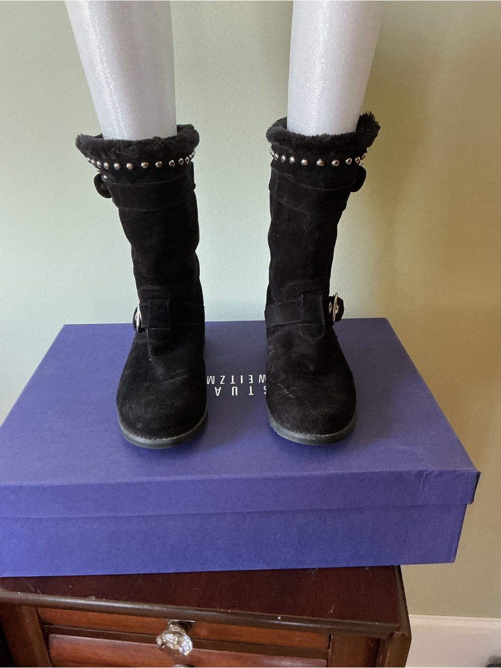 Stewart Weitzman Black Stud-Trim Suede Mid-Calf Boots